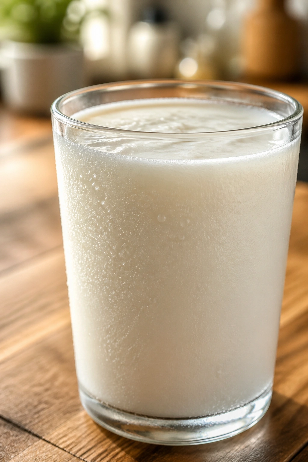 Glass of kefir on a wooden counter with condensation