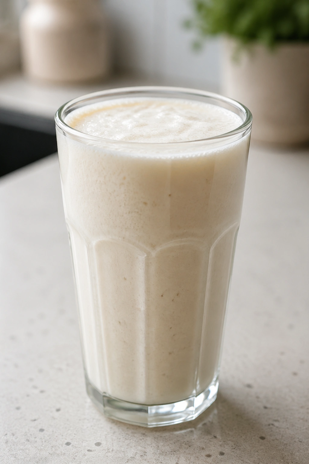 Glass of pale kefir smoothie with froth on a kitchen counter
