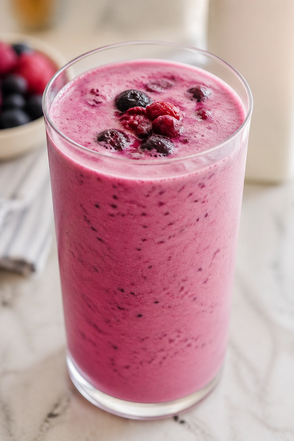 Kefir berry smoothie in a glass with frothy texture on a kitchen counter
