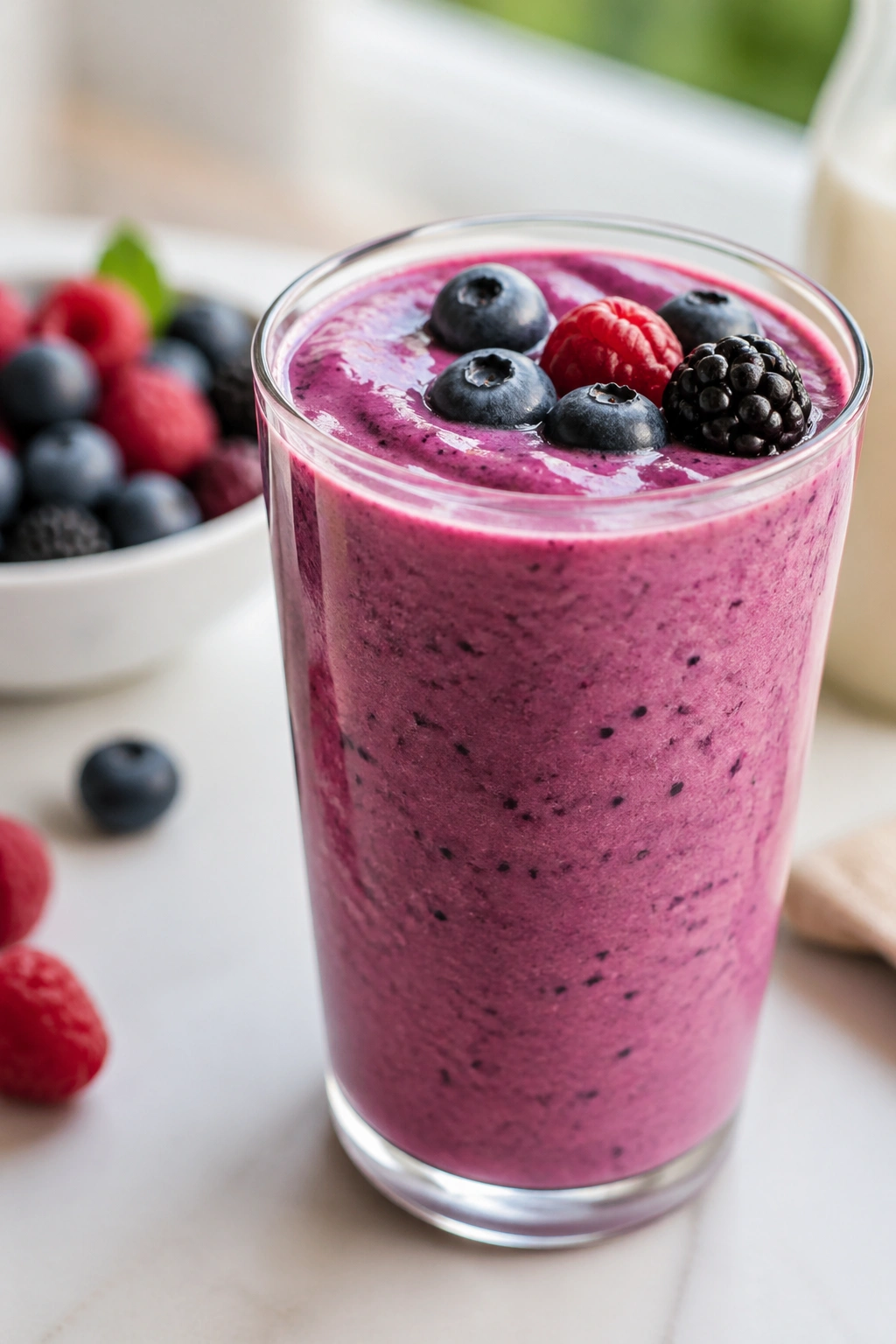 Glass of kefir berry smoothie with pink-purple color in a bright kitchen