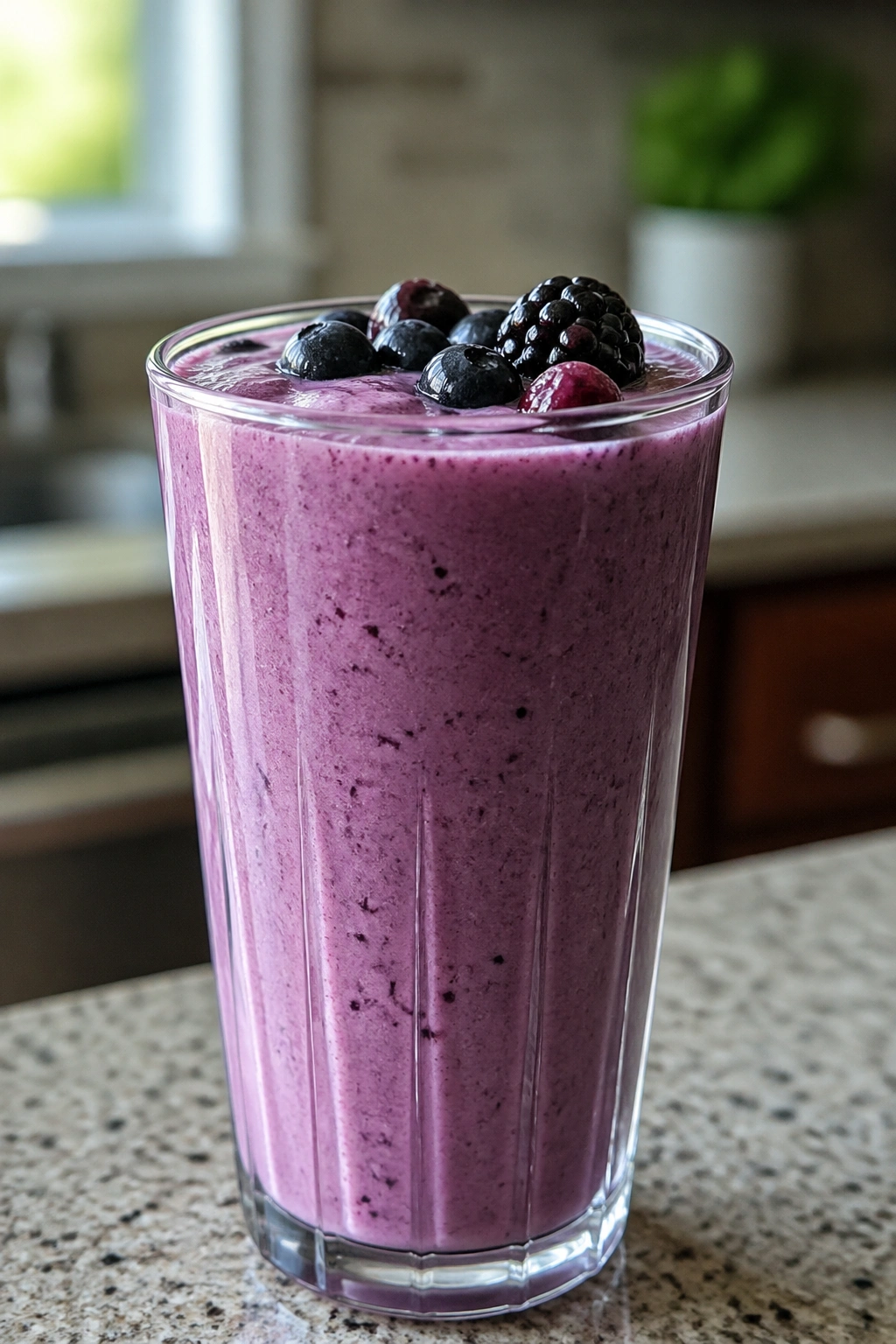 Berry kefir smoothie in a glass with berries nearby