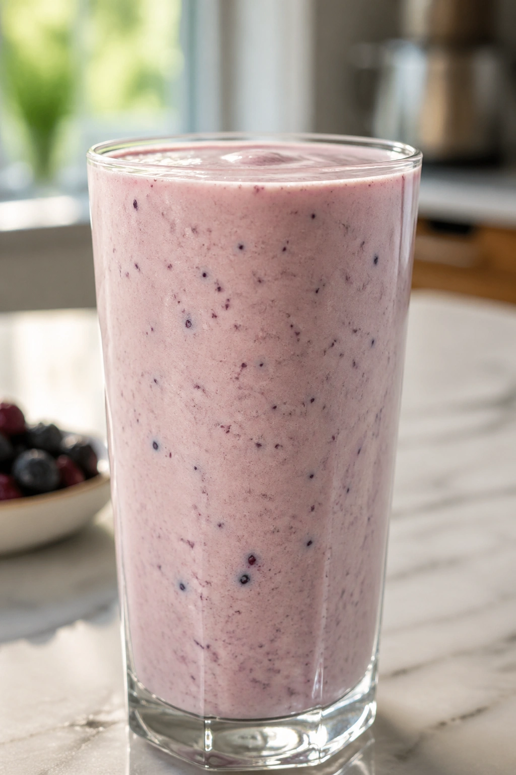 Medium-close image of a kefir smoothie glass with berries