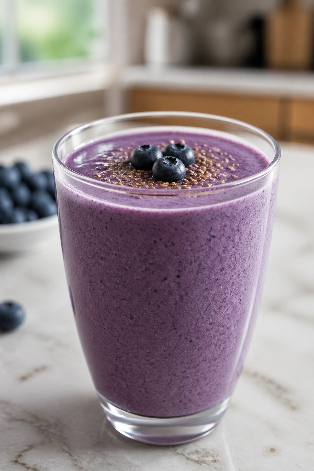 Close-up of Kefir Blueberry Flax Smoothie in a glass on a bright kitchen counter