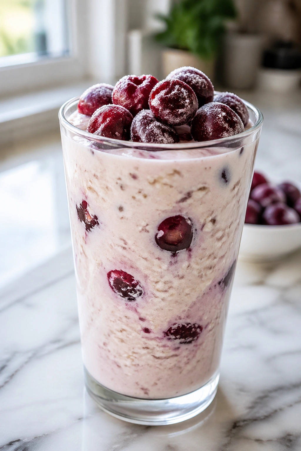 Tall glass of kefir smoothie with oats and cherries