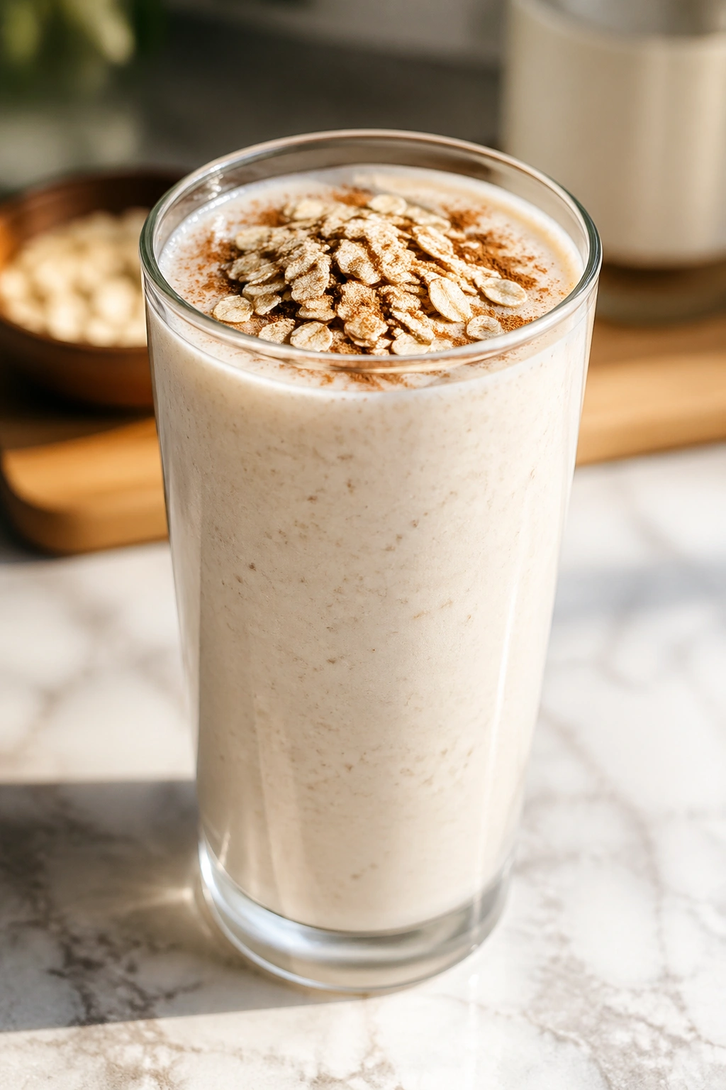 Kefir smoothie in glass with oats and cinnamon topping