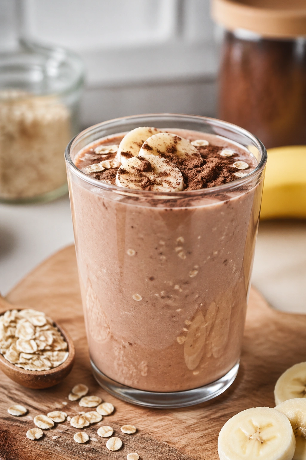 Close-up of kefir smoothie with oats and cocoa in a glass