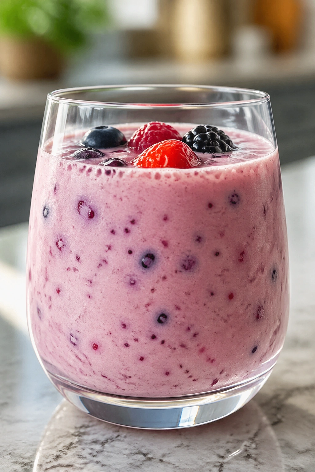 Close-up of a glass with kefir vanilla berry drink showing creamy texture and berries
