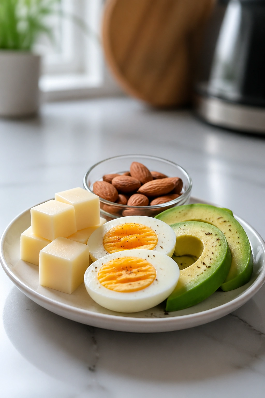 Close-up of a light keto pre-workout snack plate on a kitchen counter