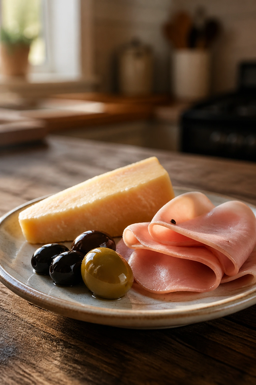 Close-up plate of keto pre-workout snacks on a wood counter showcasing balance between protein and fat