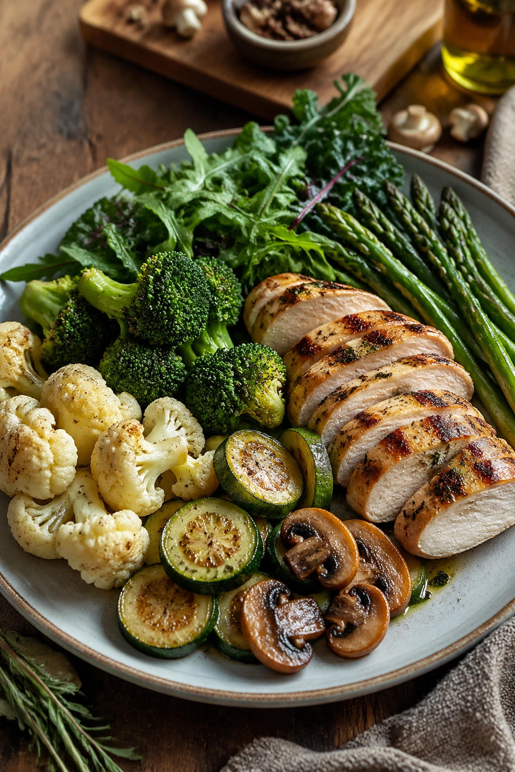 Close-up plate of keto-friendly greens and lean protein highlighting low net carbs for ketosis.