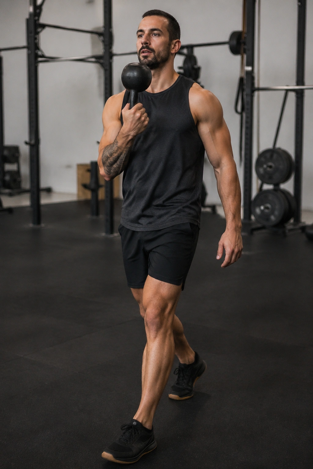 Kettlebell bottoms-up carry and press in gym.