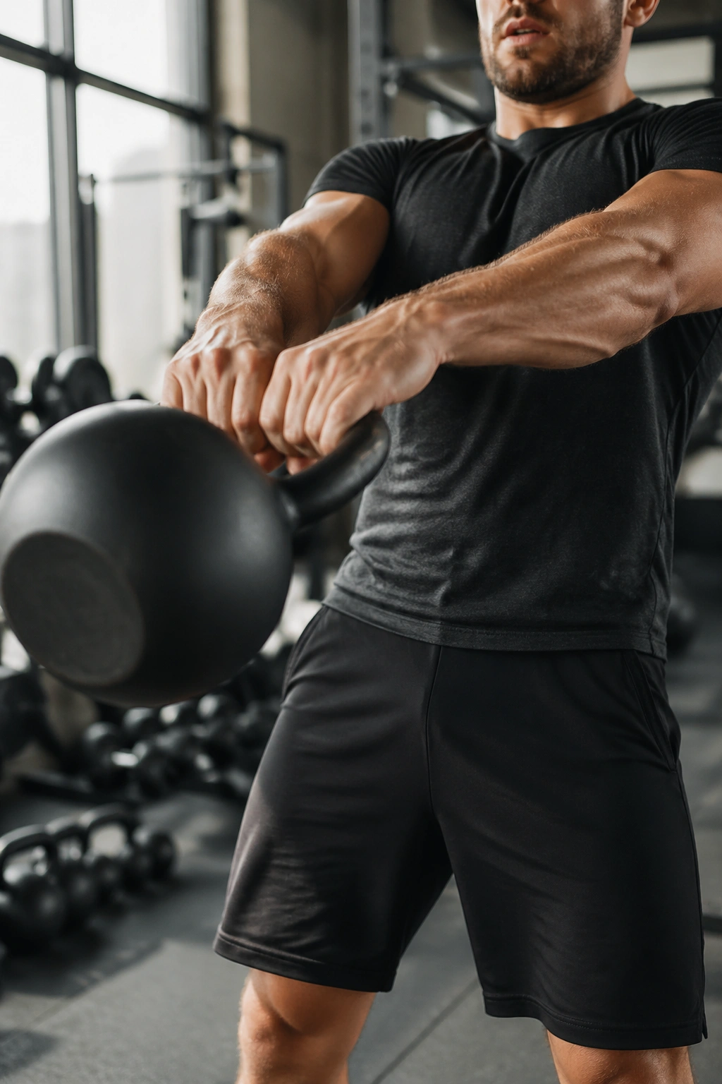 Close-up of lifter performing kettlebell swing in gym with focused expression