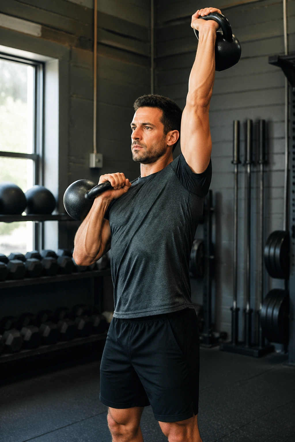 Side-angled mid-shot of kettlebell clean and press in a gym