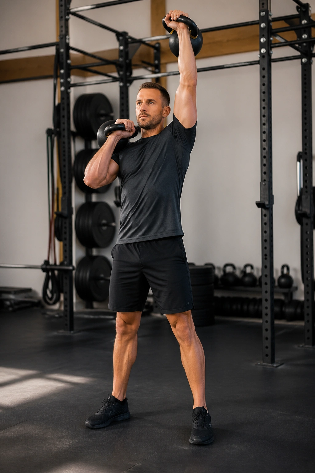 Athlete performing alternating kettlebell clean and push press during EMOM.