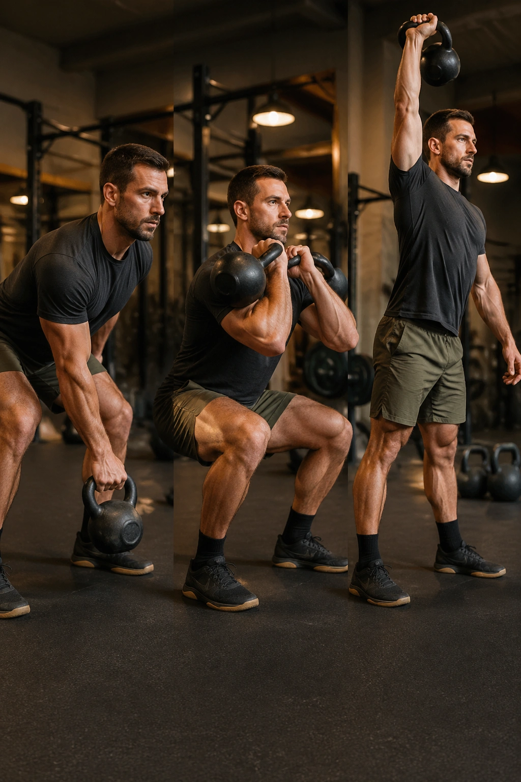 Person performing kettlebell clean to rack, front squat, and press sequence in a gym
