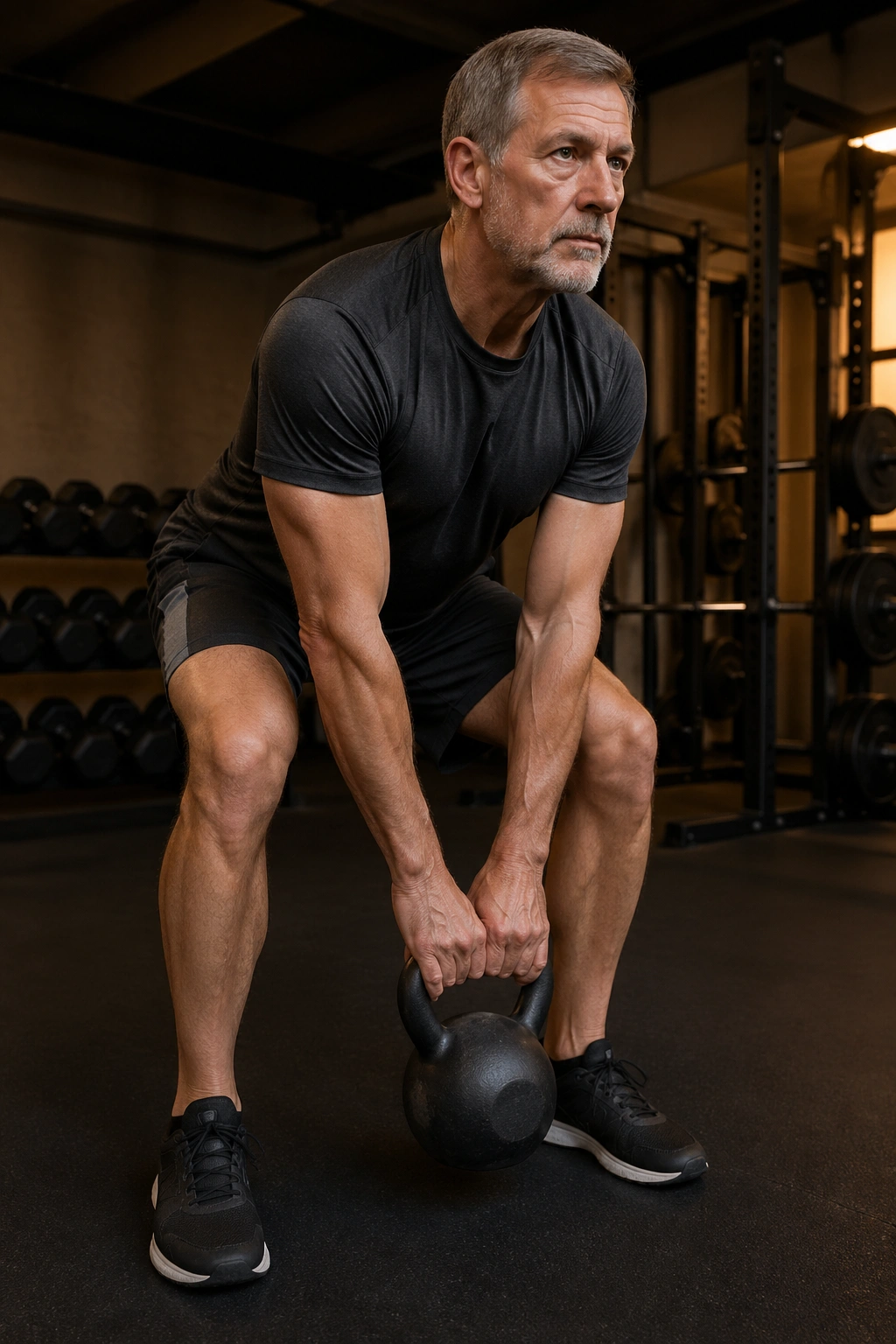50+ man performing kettlebell deadlift in gym