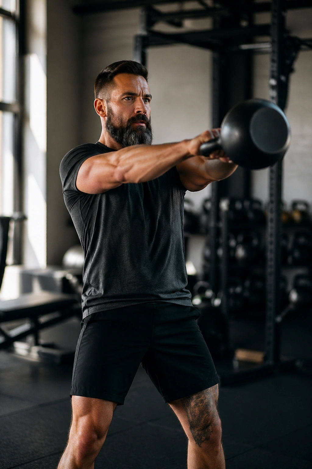 Person performing kettlebell swings during a density workout in a gym.