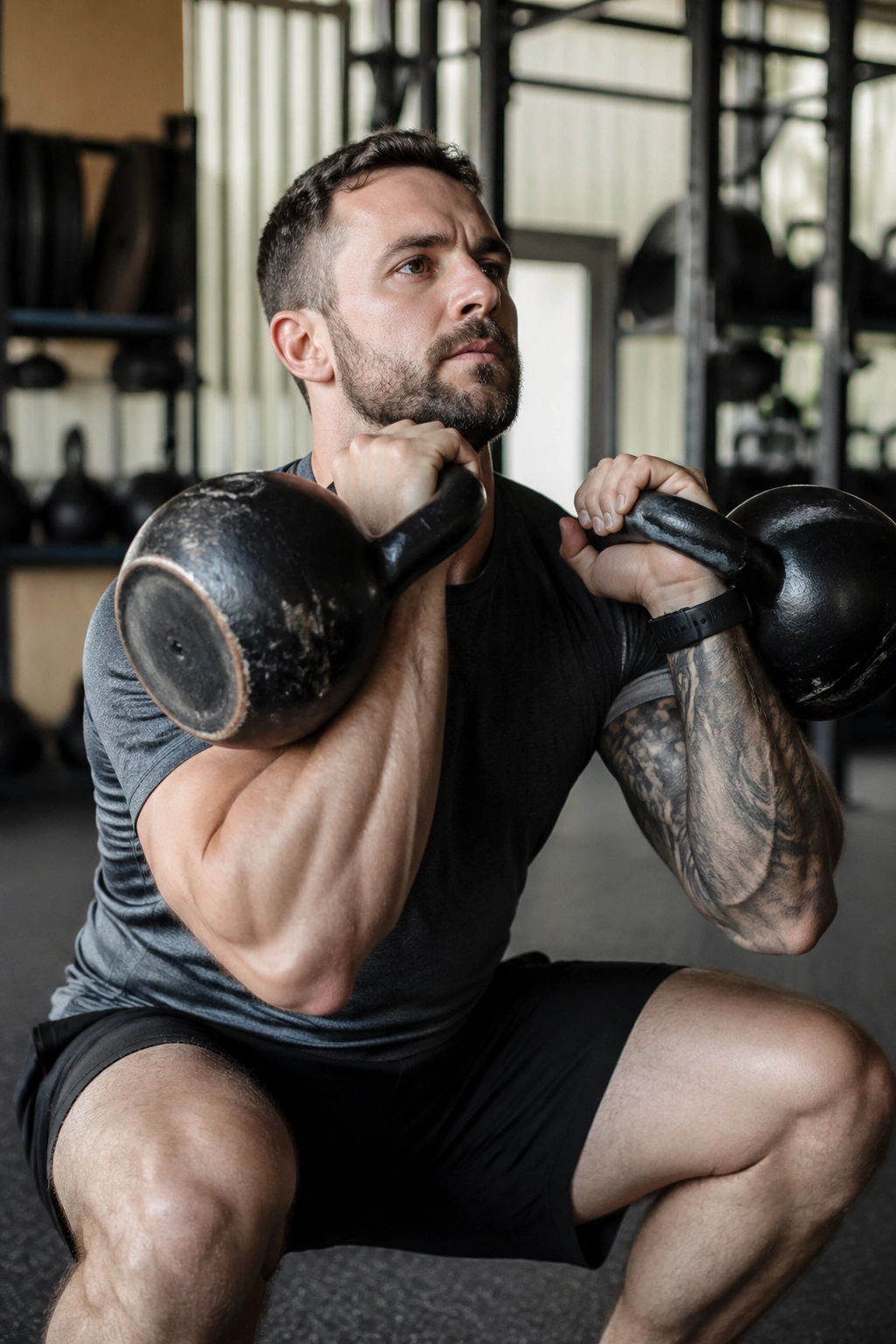 Person performing double kettlebell front squats in gym