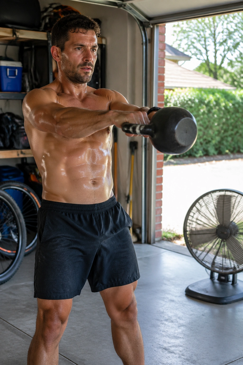 Close-up of a person performing kettlebell complex in a garage with one kettlebell and concrete floor