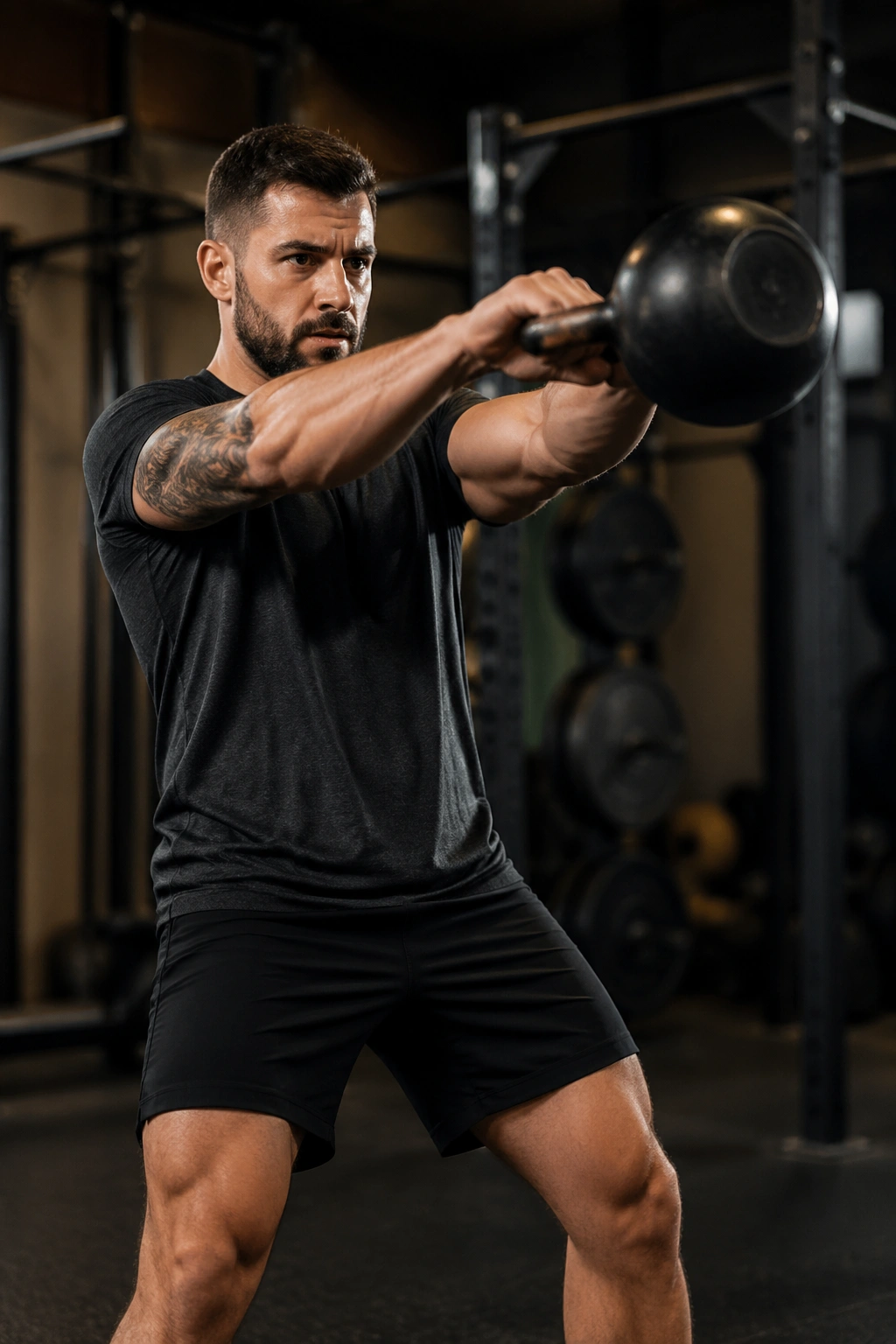 Lifter mid-swing with kettlebell near chest height in gym