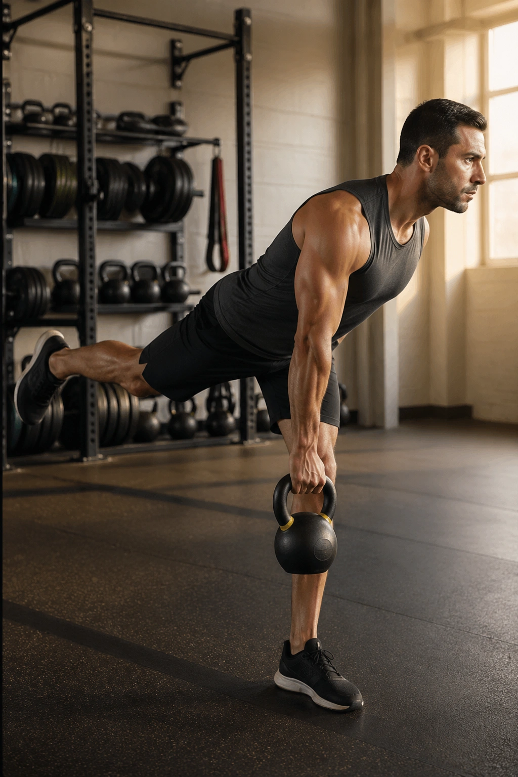 Mid-shot of a person performing a single-leg Romanian deadlift with a kettlebell in a gym setting.