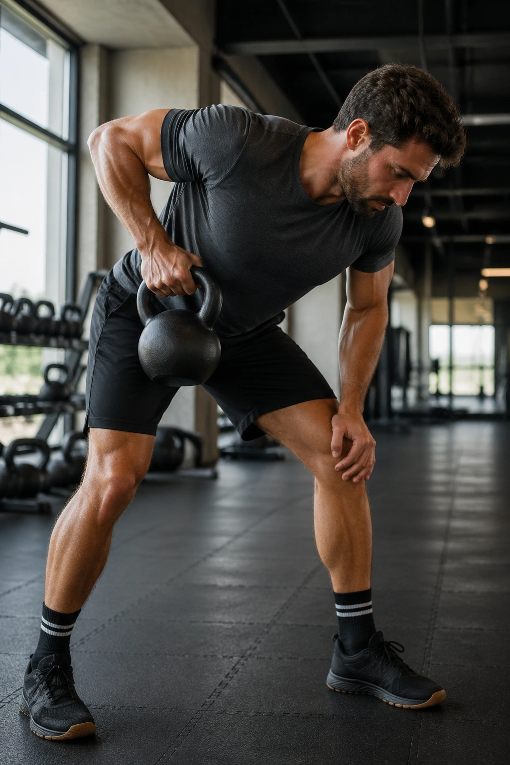 Person performing kettlebell single-arm row in a gym with emphasis on posture