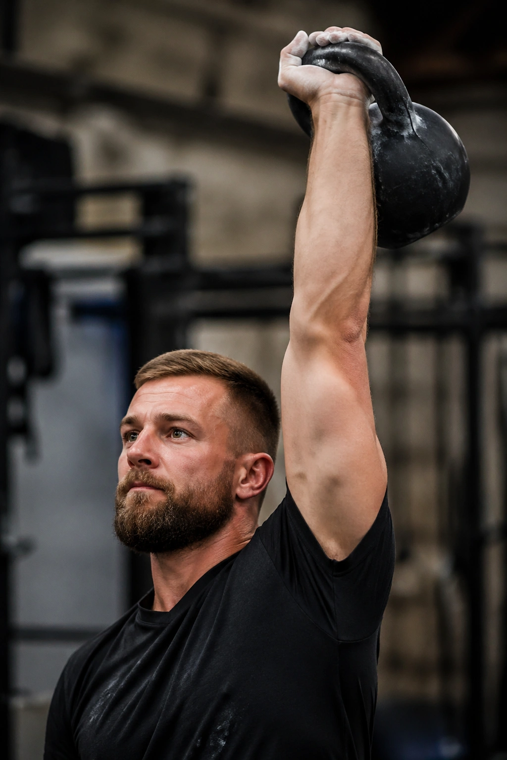 Close-up of a kettlebell snatch overhead in a gym with a focused athlete.