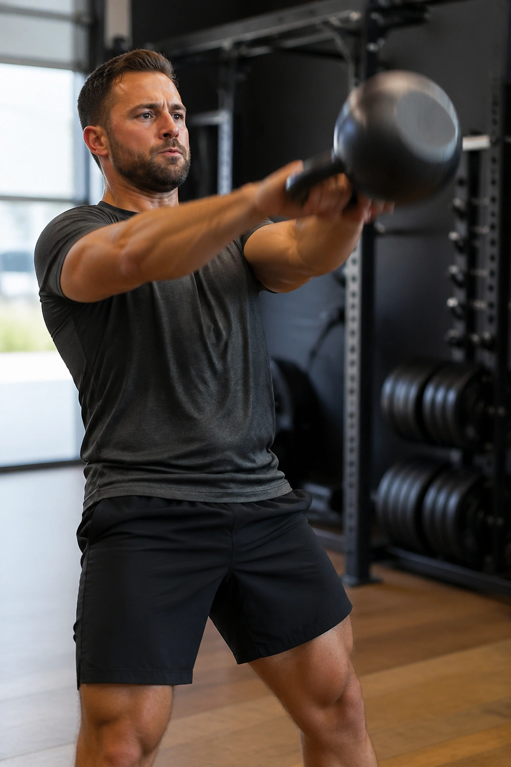 Close-up of a person mid kettlebell swing in a gym, hip hinge and kettlebell near chest height