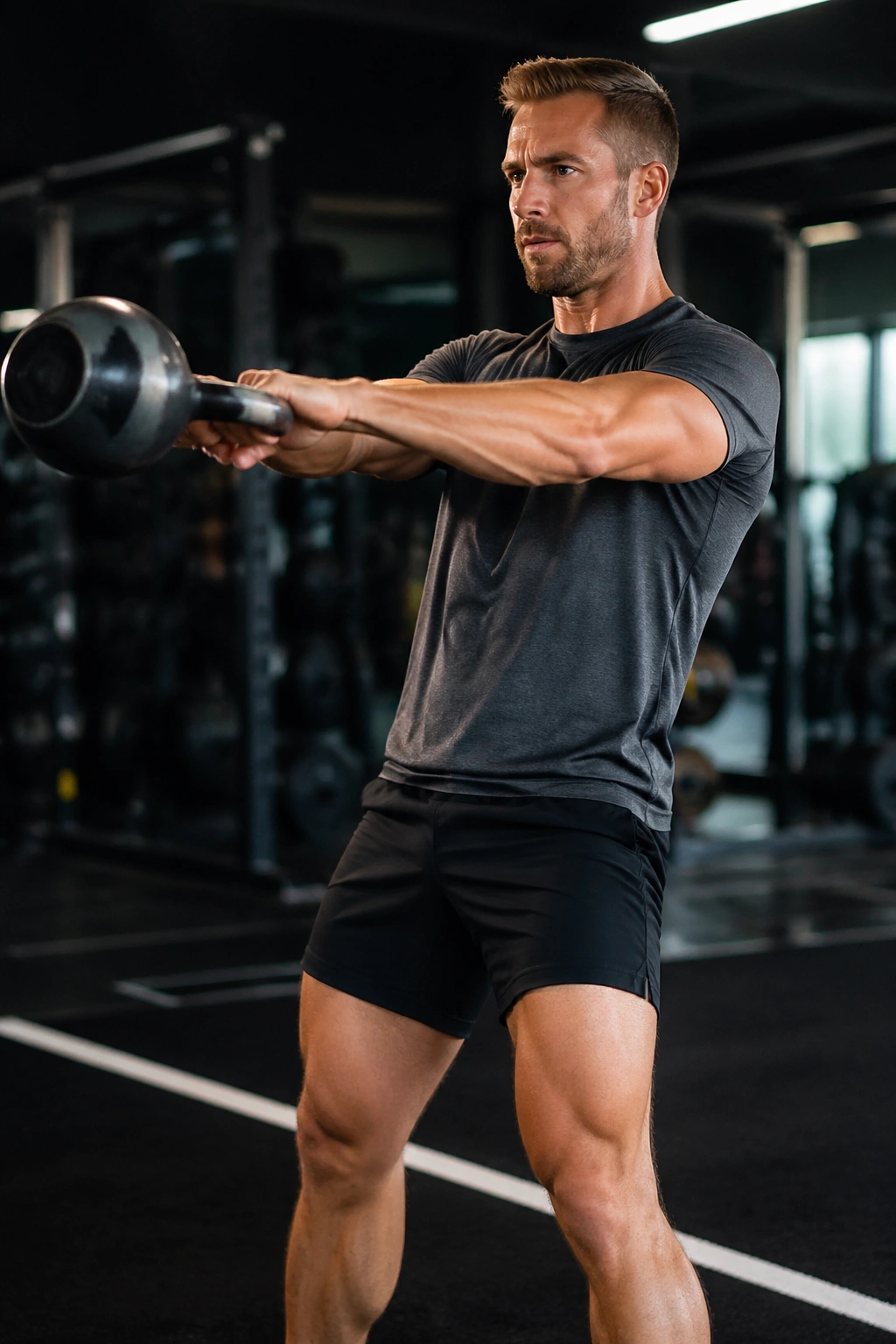Athlete performing kettlebell swing in a gym