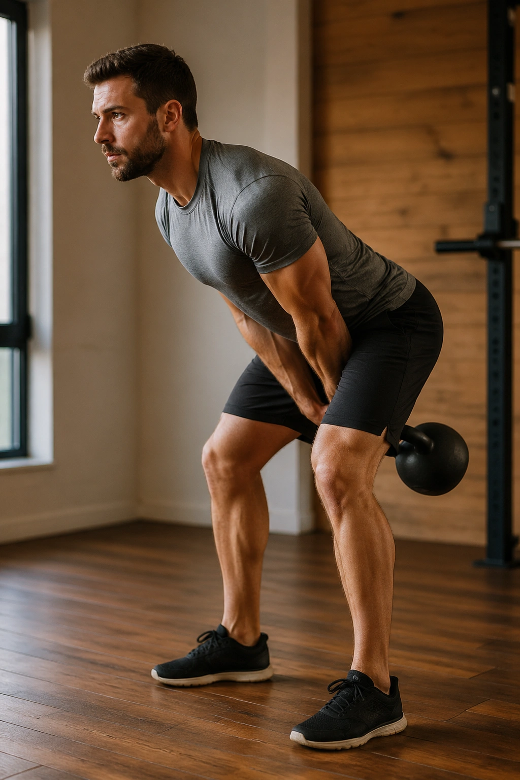 Person performing kettlebell swing in a home gym