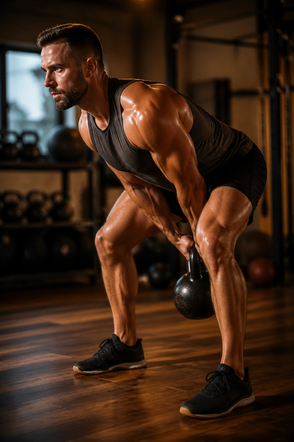 Close-up of a person performing kettlebell swing in a gym, highlighting hip hinge and kettlebell