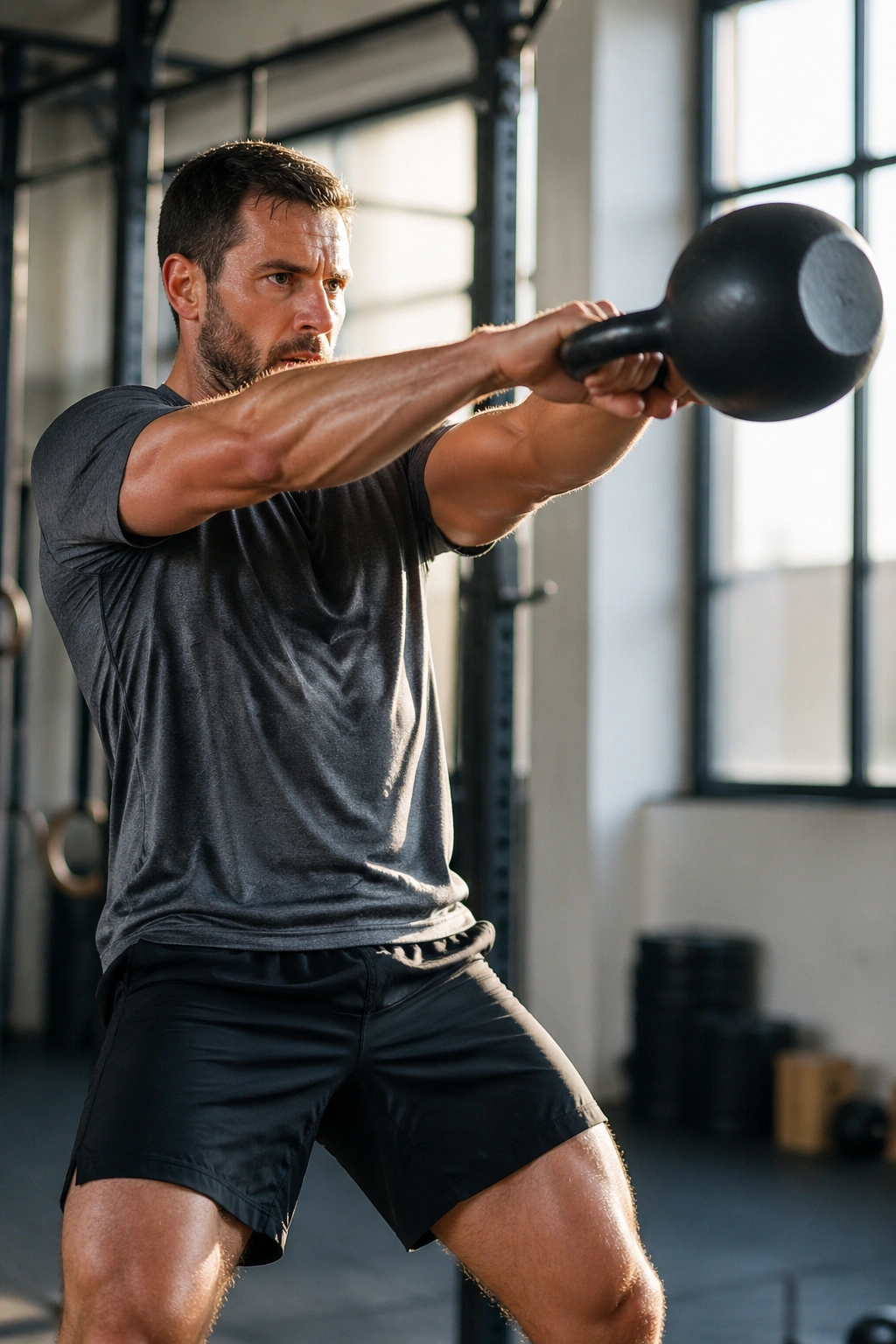 Close-up of a person performing kettlebell swings in a gym with window light