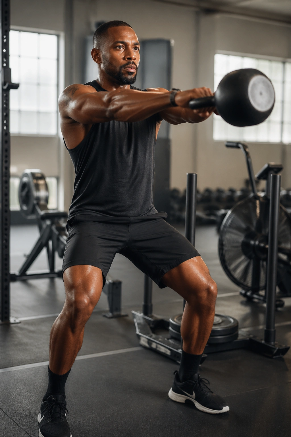 Person performing kettlebell swing in gym with equipment in background