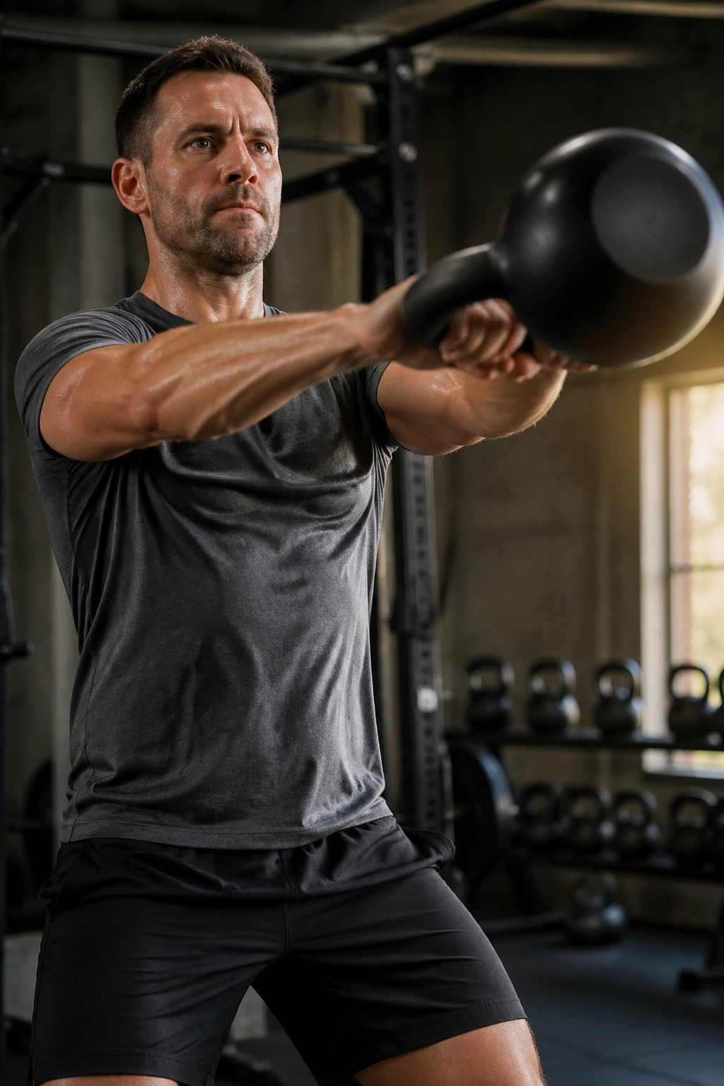 Medium close-up of a person performing kettlebell swings in a gym