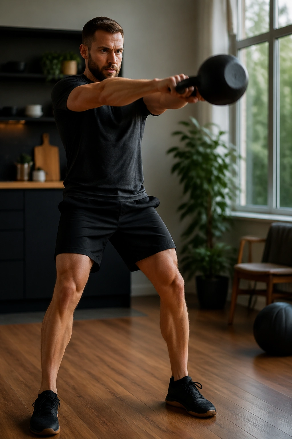 Close-up of a person performing kettlebell swing in a home gym