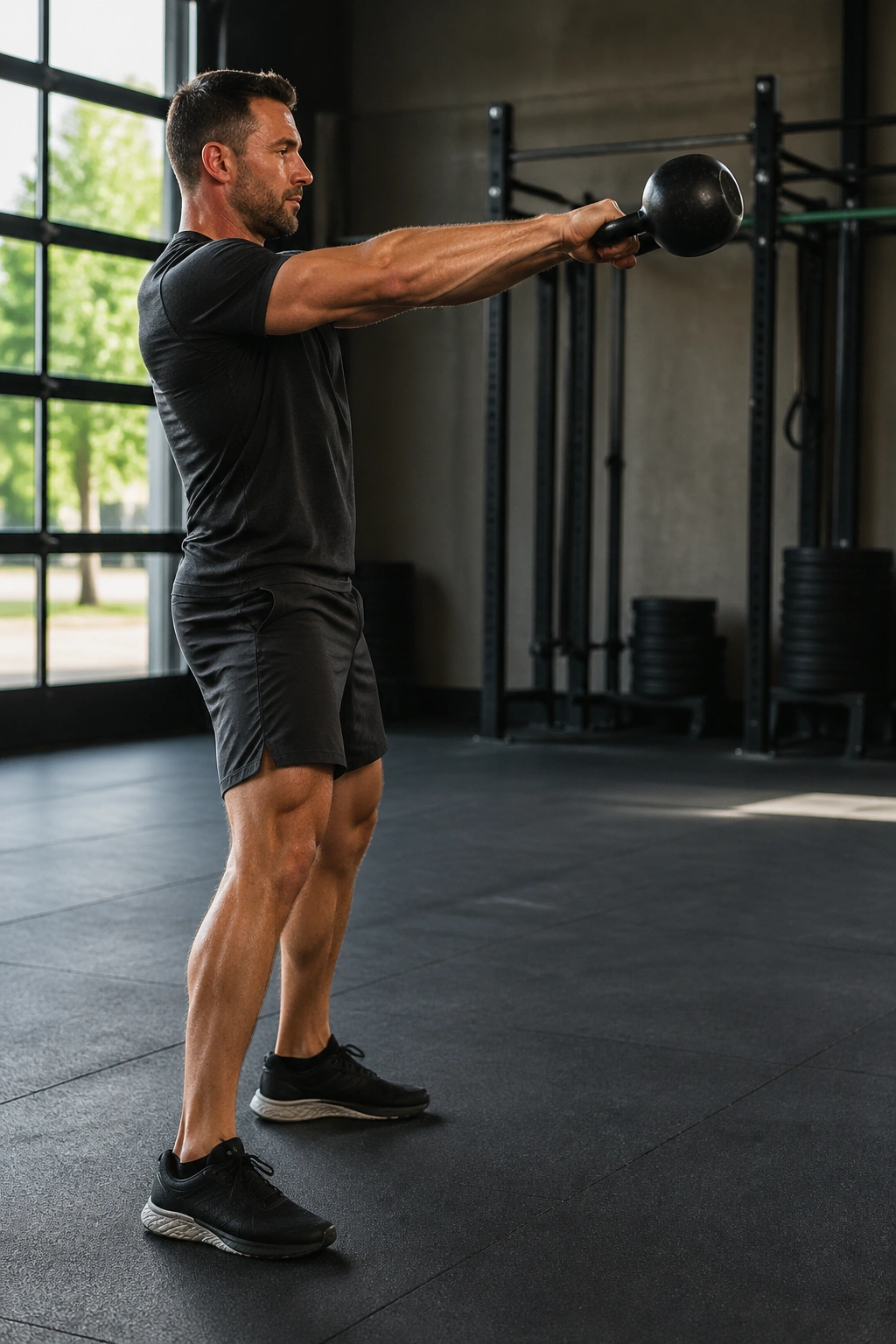 Person performing kettlebell swing in gym