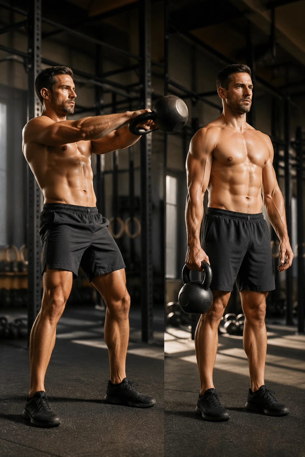 Person performing kettlebell swing with a suitcase carry