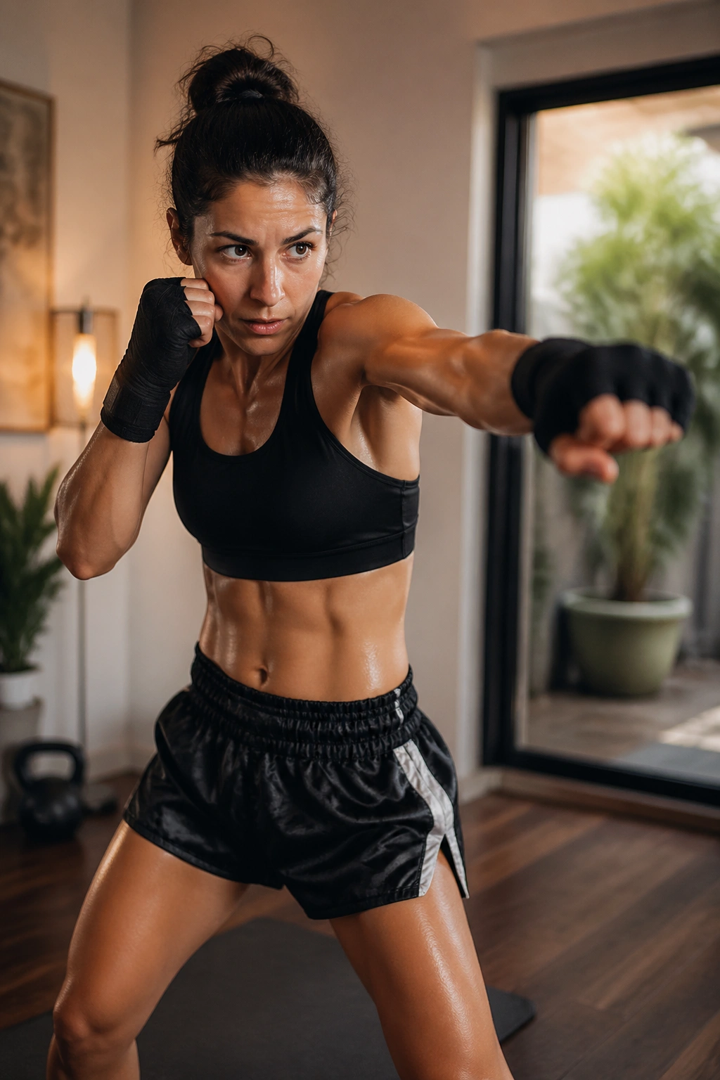 Person performing kickboxing combinations in a home setting