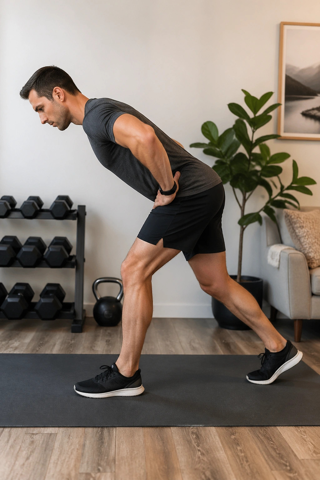 Side view of a real person performing a kickstand hamstring hinge with hip hinge