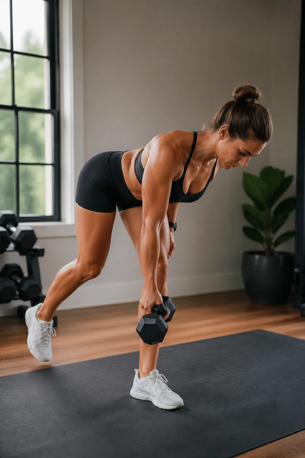 Medium close-up of person performing kickstand Romanian deadlift in a home gym