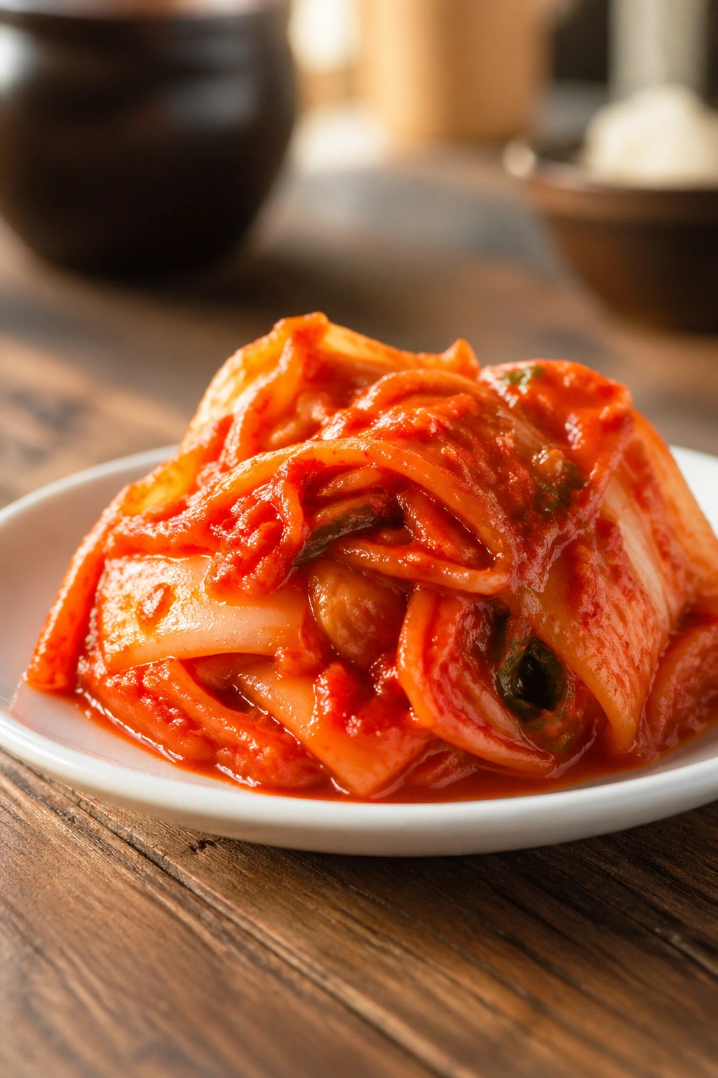 Close-up of bright red kimchi on a white plate in a warm kitchen setting