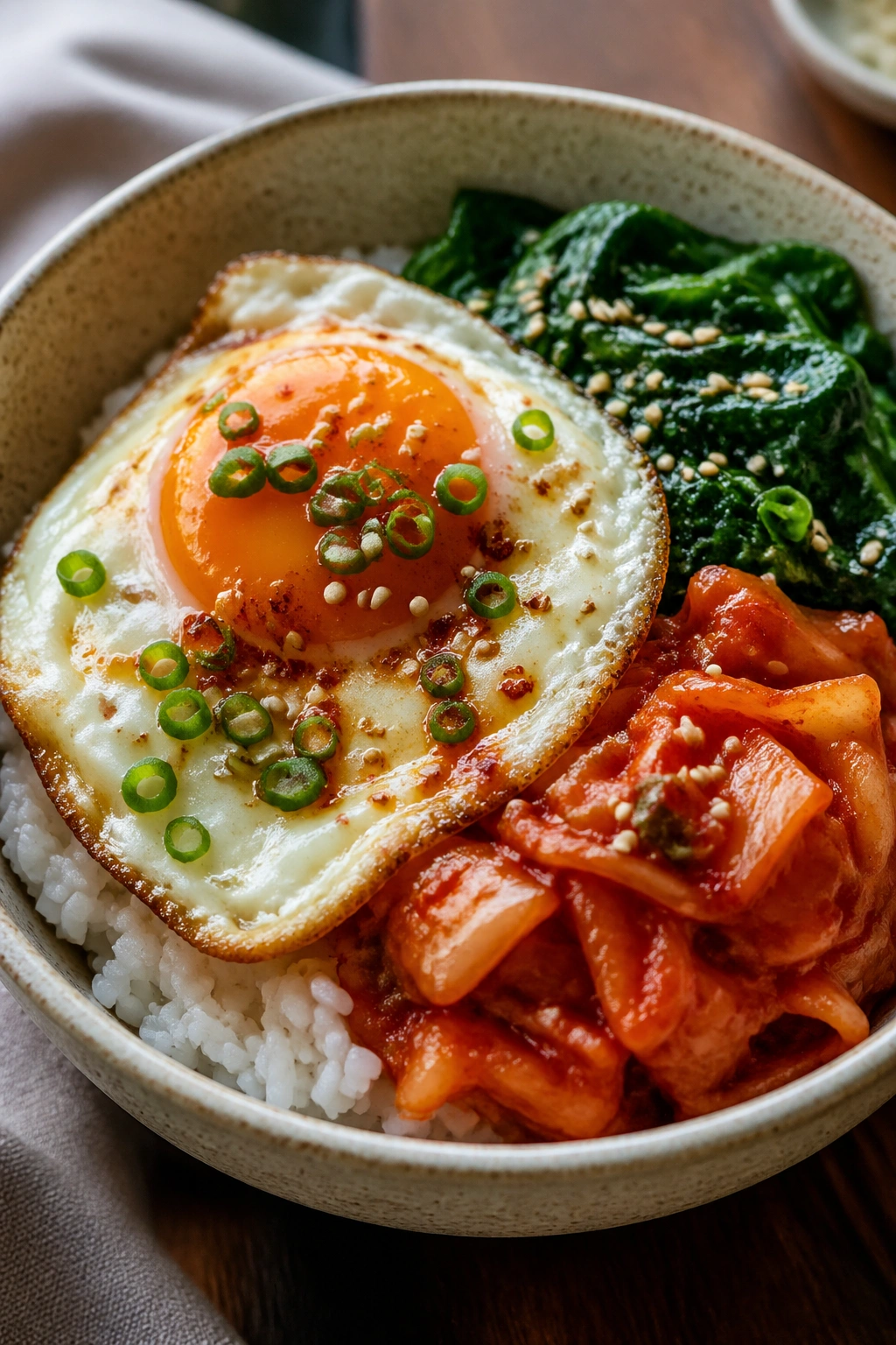 Vibrant kimchi egg rice bowl with sesame spinach