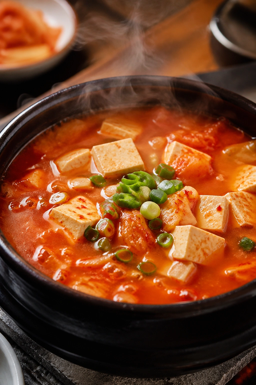 Close-up of kimchi tofu soup in a bowl with tofu cubes