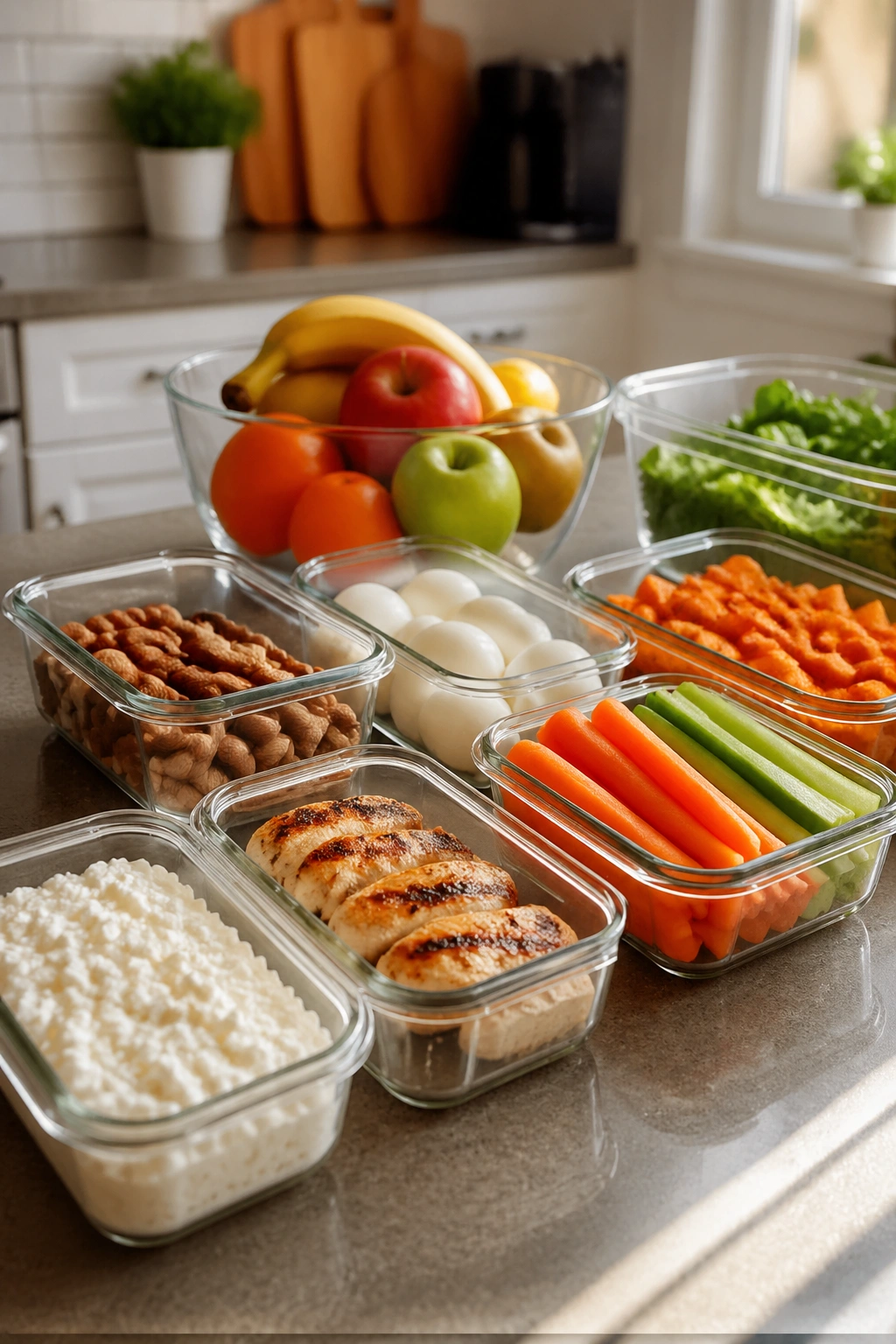 Close-up of a neatly organized kitchen counter with protein containers and fruit, illustrating stress-eating prevention setup.