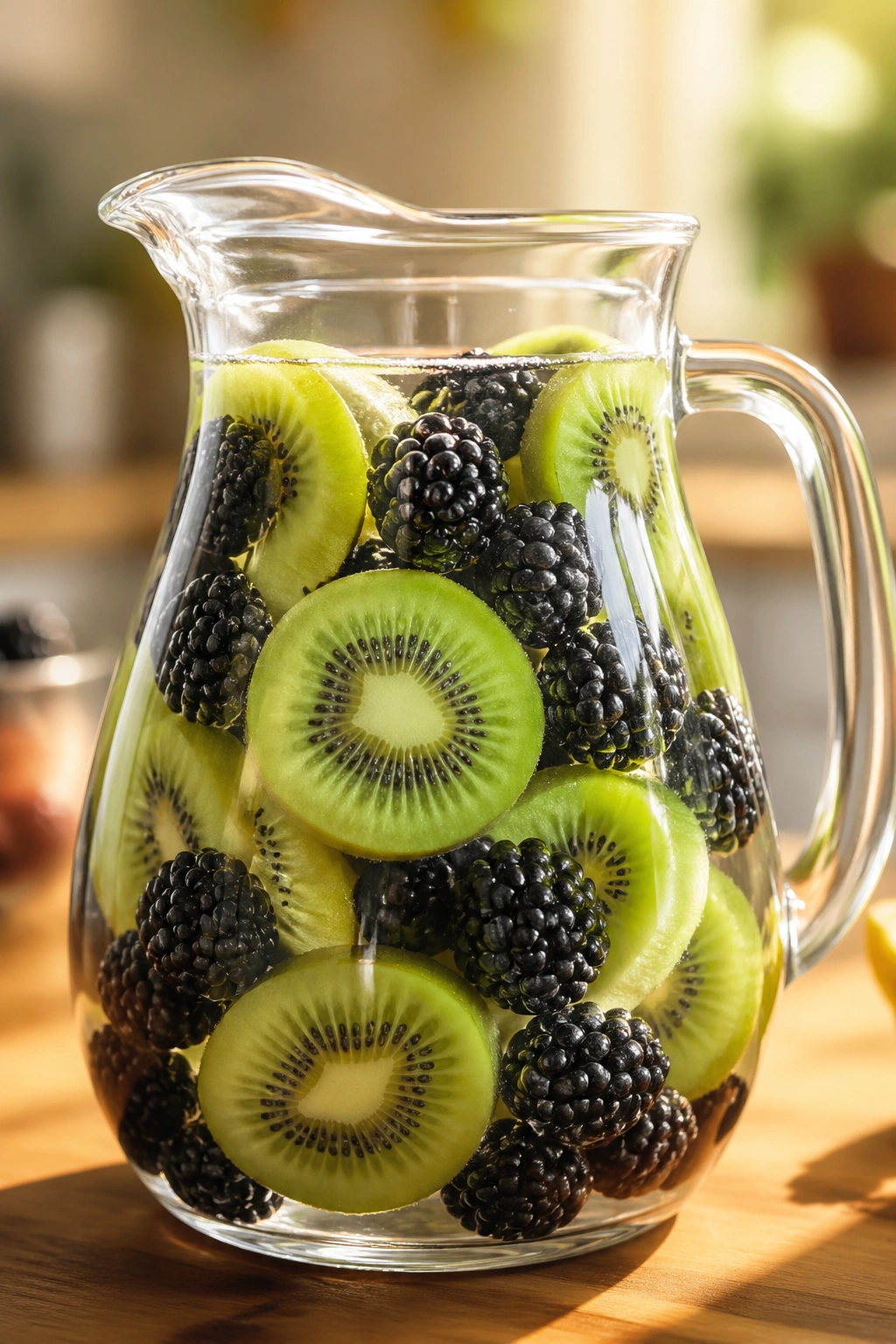 Close-up of kiwi and blackberry infusion in a glass pitcher