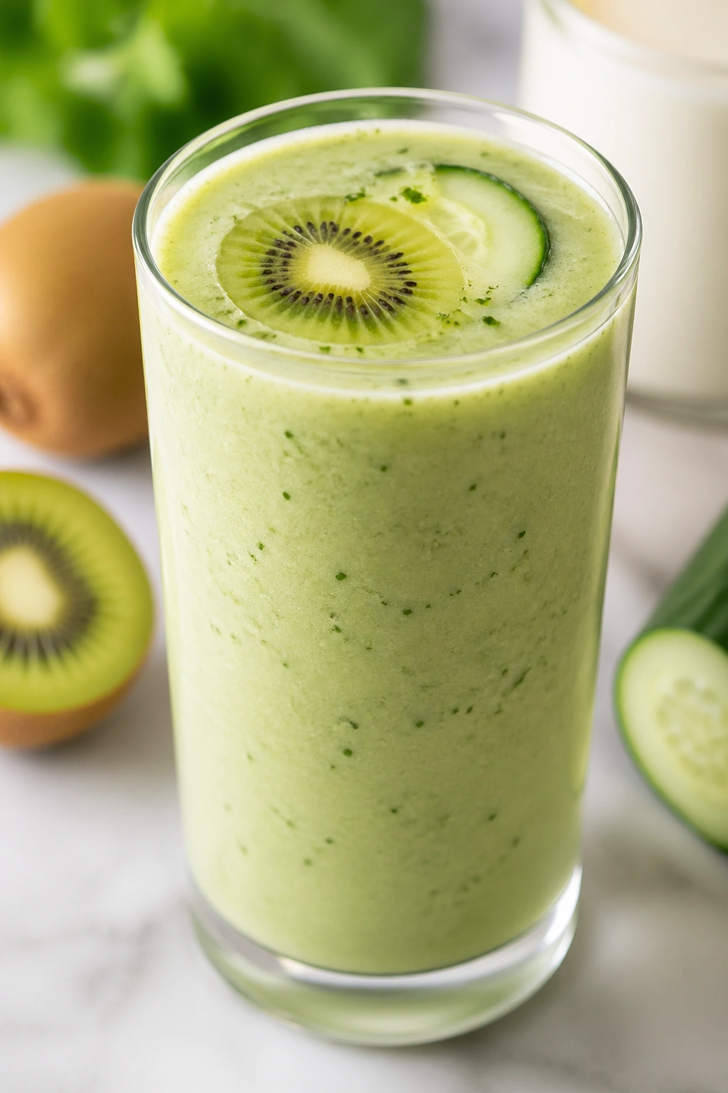 Close-up of kiwi cucumber kefir smoothie in a glass on a modern kitchen counter
