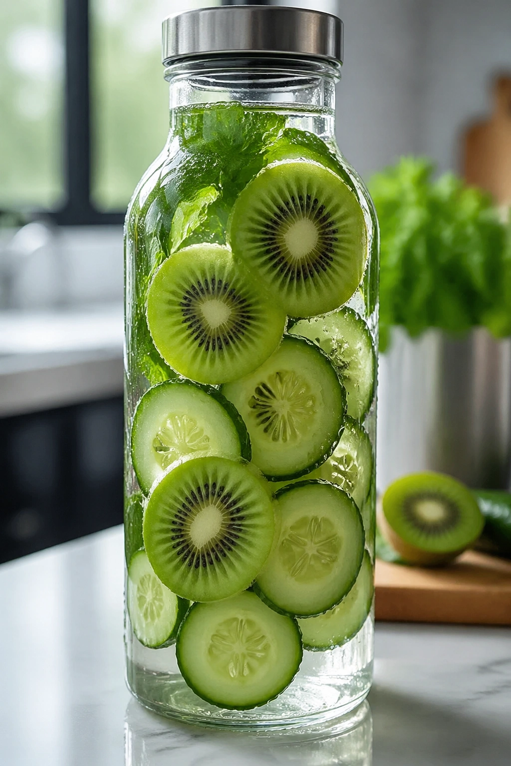 Close-up of kiwi cucumber water in a glass bottle with kiwi slices and cucumber