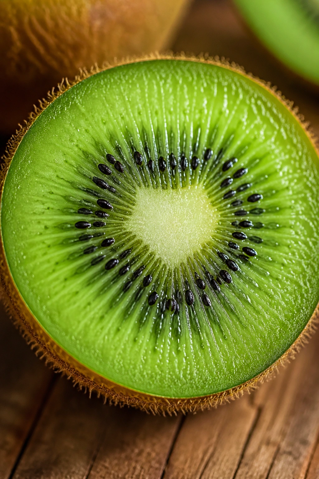 Close-up of halved kiwi showing green flesh and seeds.