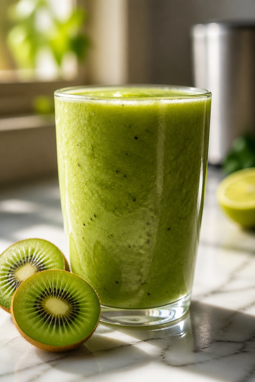Kiwi lime hydration smoothie in a glass on a sunny kitchen counter
