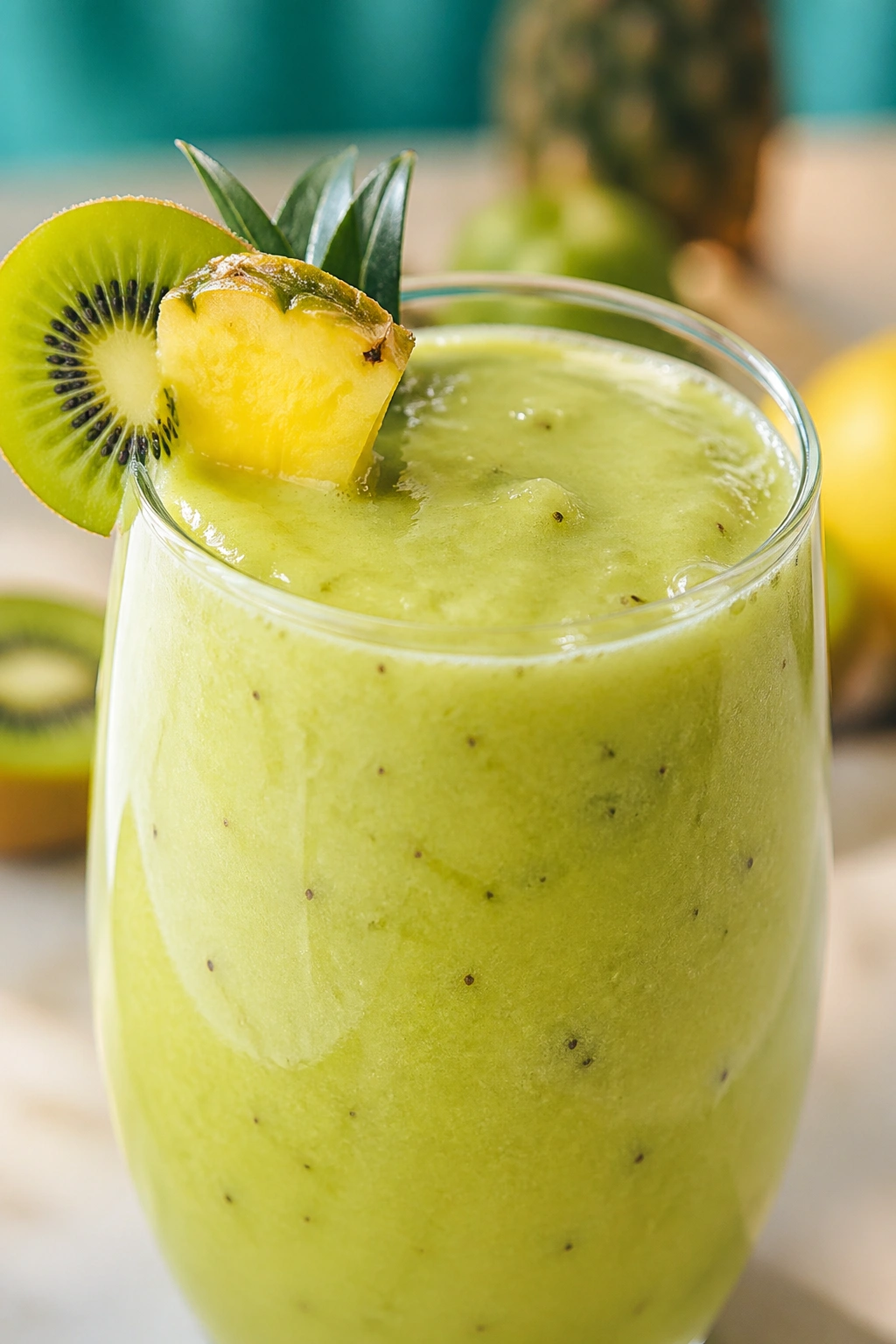Close-up kiwi pineapple yogurt smoothie in glass on counter
